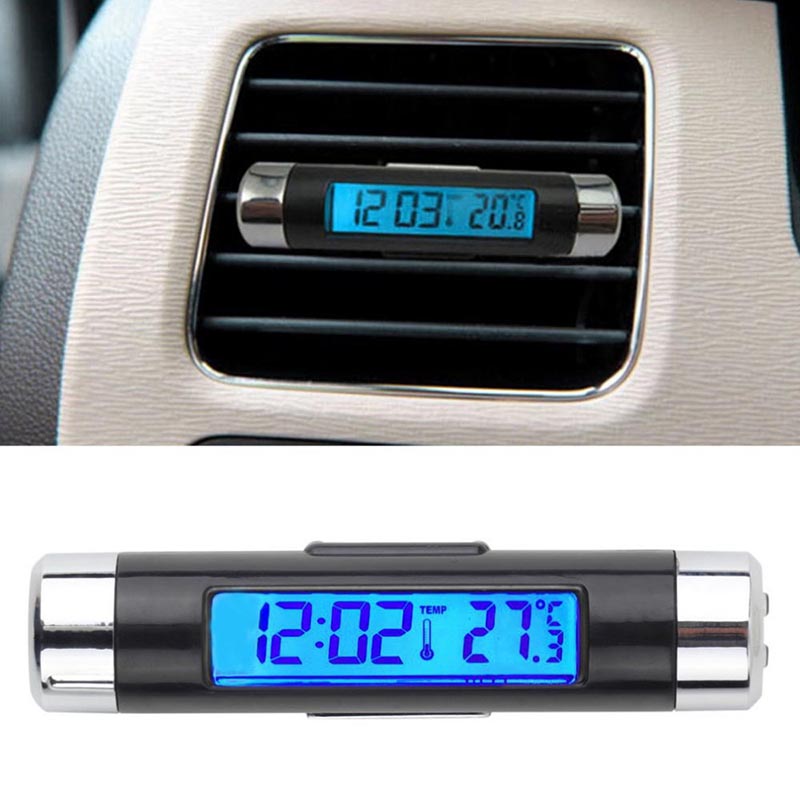 2-i-1 bil digitalt LCD temperatur termometer ur Bil ur termometer Digital baggrundslys Biltilbehør_voghion.com