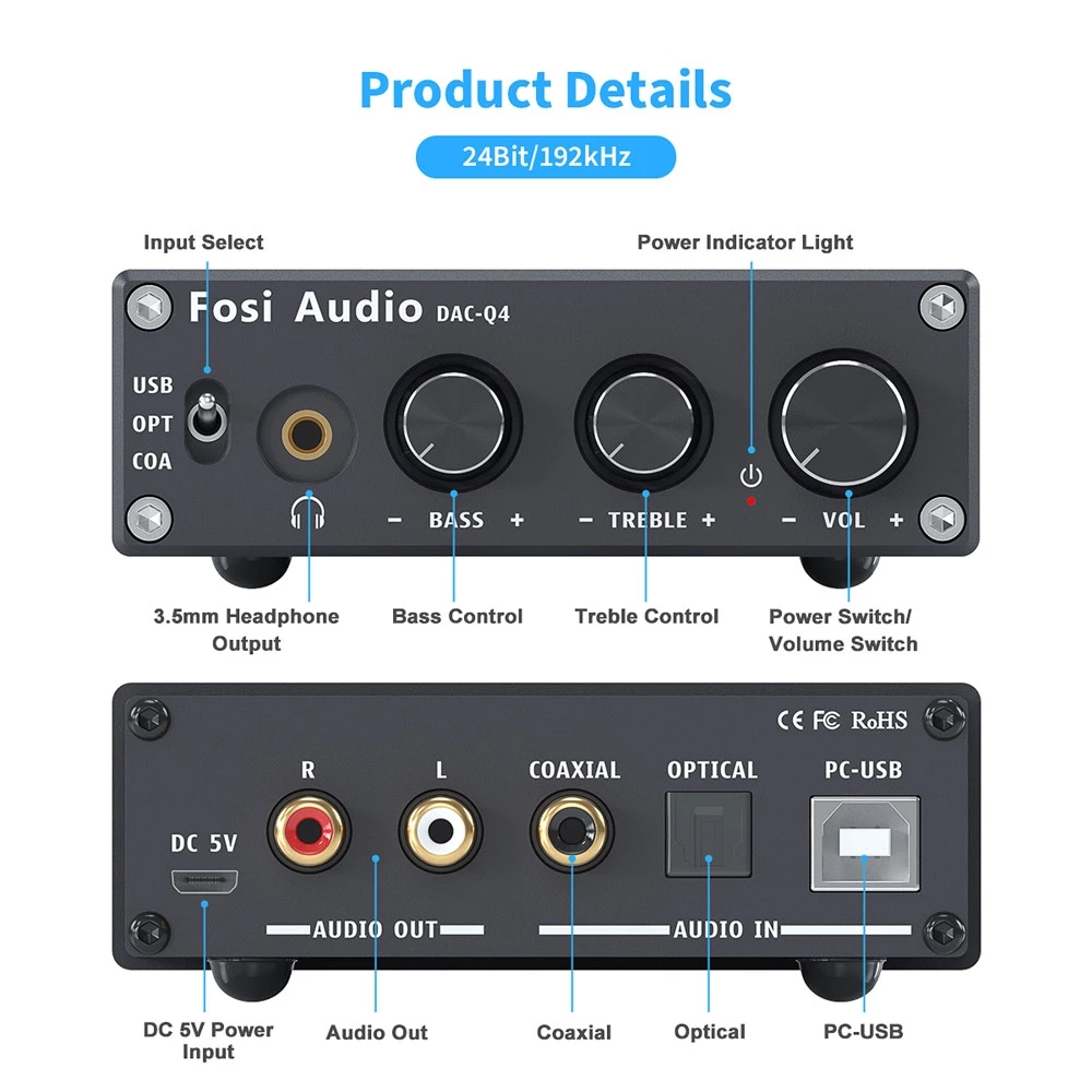 Fosi Audio Q4 Mini-Stereo-USB-Gaming-DAC und Kopfhörerverstärker, Audio-Konverter-Adapter für Heim-/Desktop-Aktivlautsprecher_voghion.com